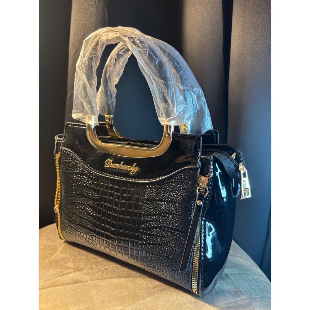 Danbaoly Black Croc Embossed Patent Satchel Handbag Gold Tone Hardware